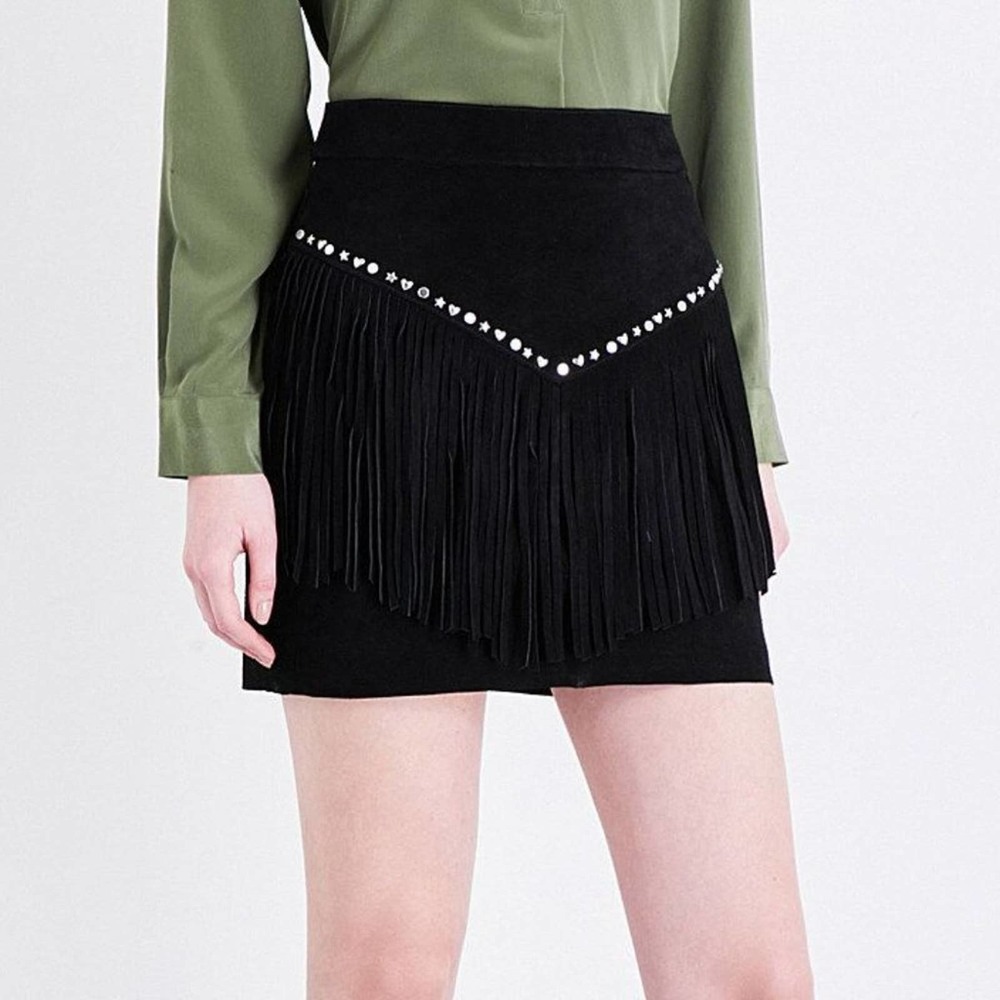 Maje Black Jaco Fringe-trimmed Suede Skirt